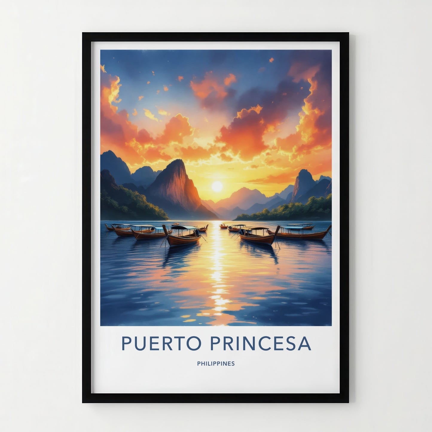 Puerto Princesa Poster - Philippines Travel Art - Boats ocean sunset Home Decor