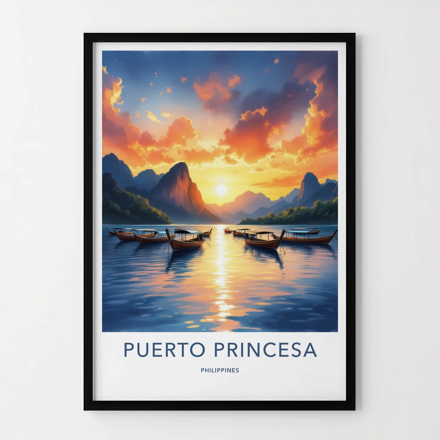 Puerto Princesa Poster - Philippines Travel Art - Boats ocean sunset Home Decor