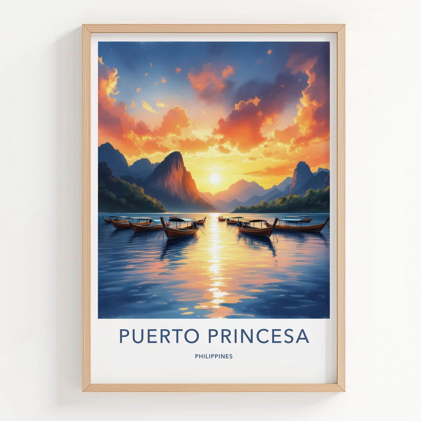 Puerto Princesa Poster - Philippines Travel Art - Boats ocean sunset Home Decor