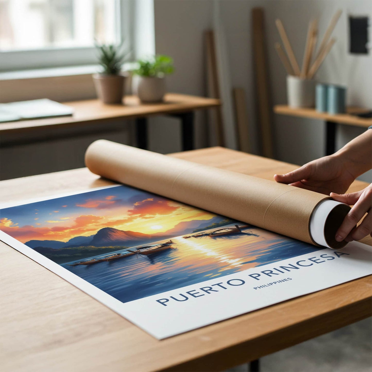 Puerto Princesa Poster - Philippines Travel Art - Boats ocean sunset Home Decor