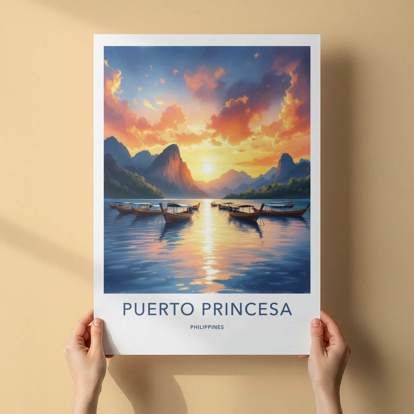 Puerto Princesa Poster - Philippines Travel Art - Boats ocean sunset Home Decor