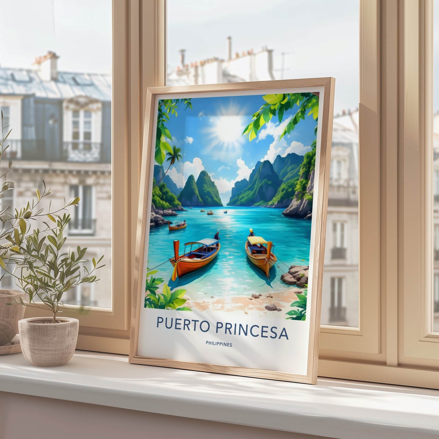 Puerto Princesa Poster - Philippines Travel Art - Tropical Beach Boats Home Decor