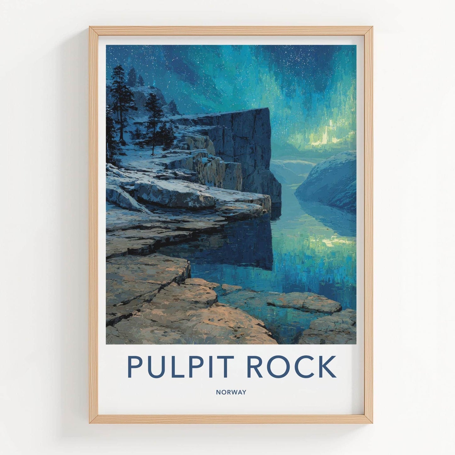 Pulpit Rock Poster - Norway Travel Art - Snowy Cliffs Aurora Home Decor