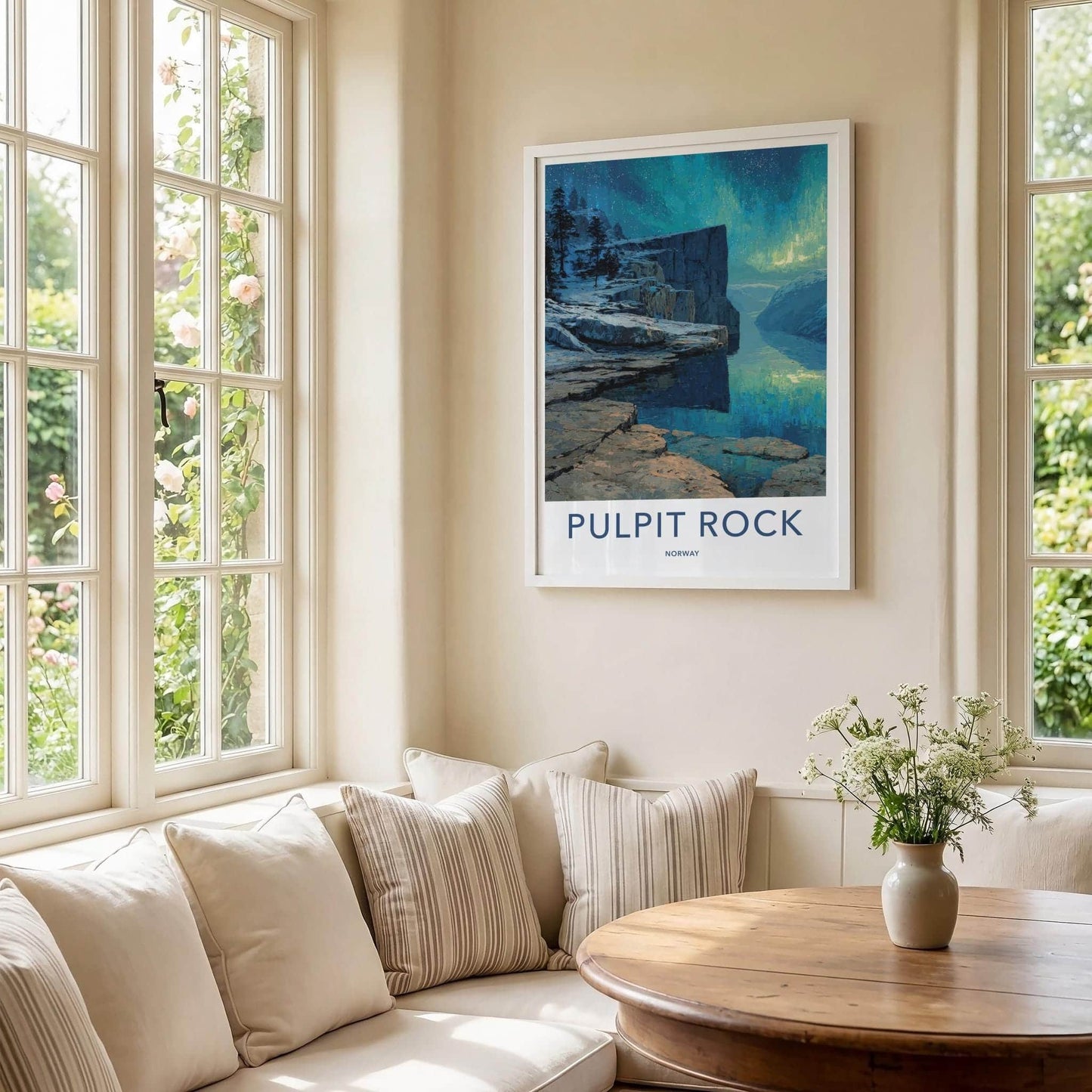 Pulpit Rock Poster - Norway Travel Art - Snowy Cliffs Aurora Home Decor