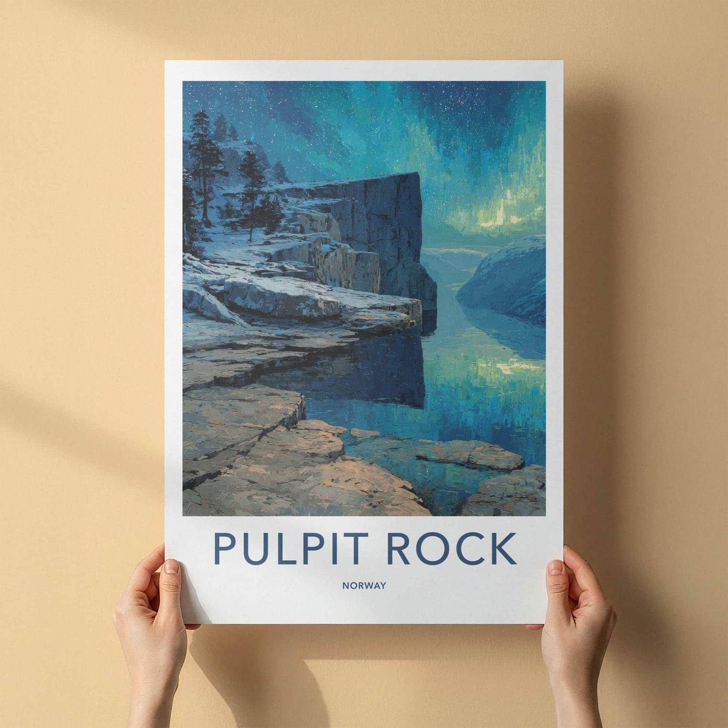 Pulpit Rock Poster - Norway Travel Art - Snowy Cliffs Aurora Home Decor