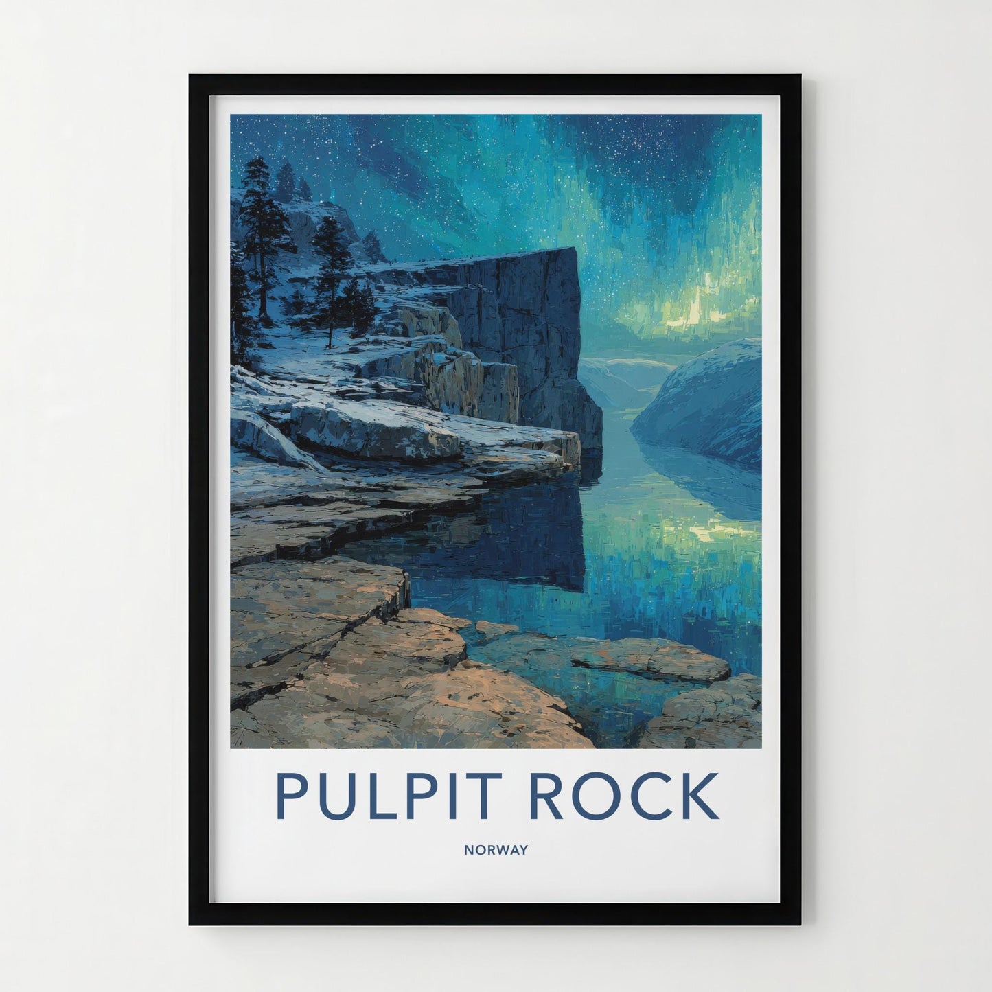 Pulpit Rock Poster - Norway Travel Art - Snowy Cliffs Aurora Home Decor