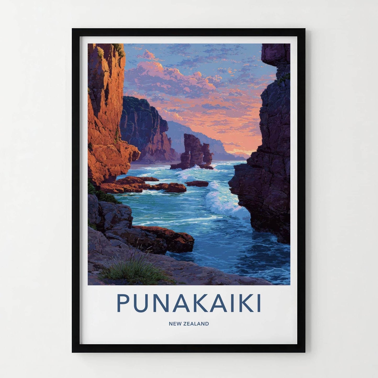 Punaikaiki Poster - New Zealand Travel Art - Rugged Coastal Rocks Home Decor