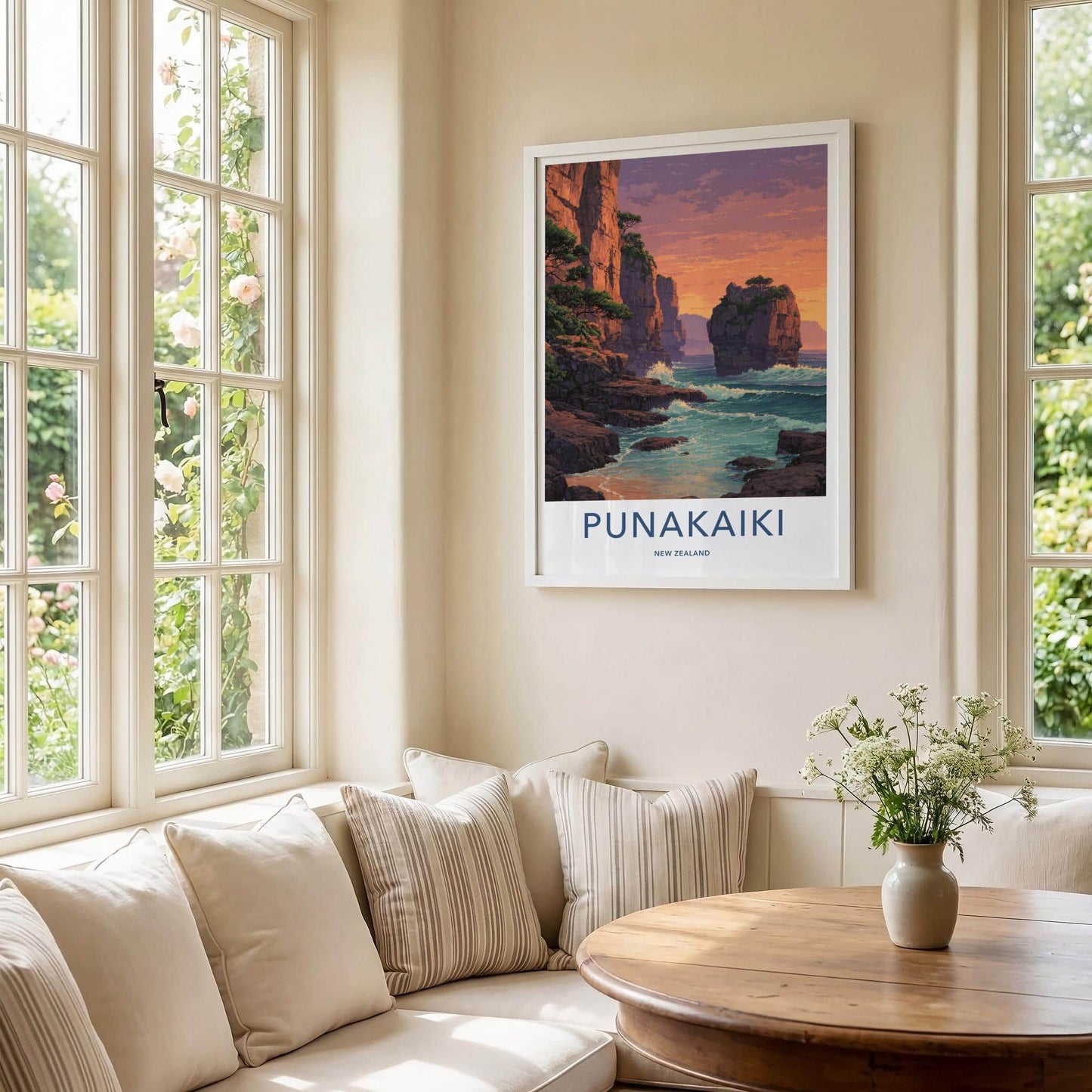 Punakaiki Poster - New Zealand Travel Art - Coastal Cliffs Sunset Home Decor