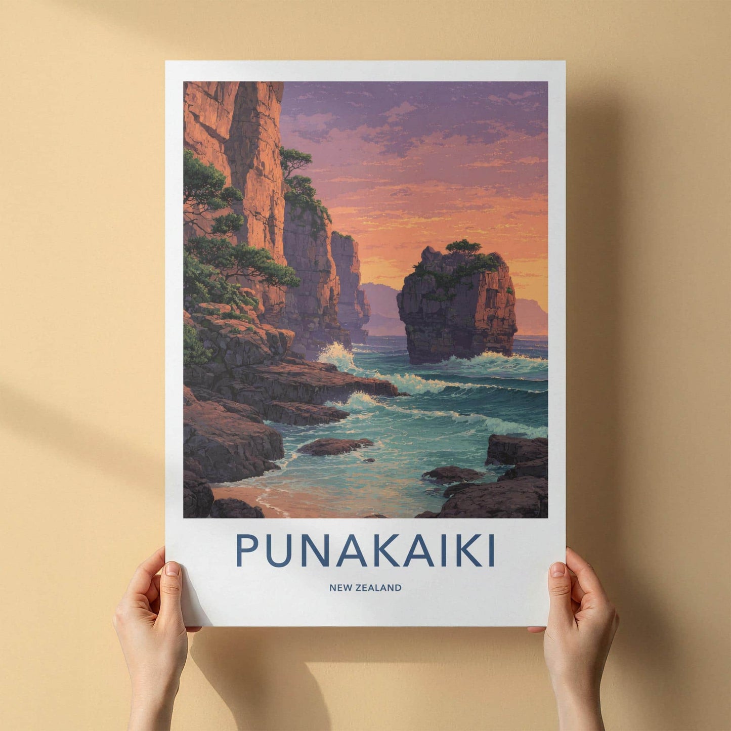 Punakaiki Poster - New Zealand Travel Art - Coastal Cliffs Sunset Home Decor