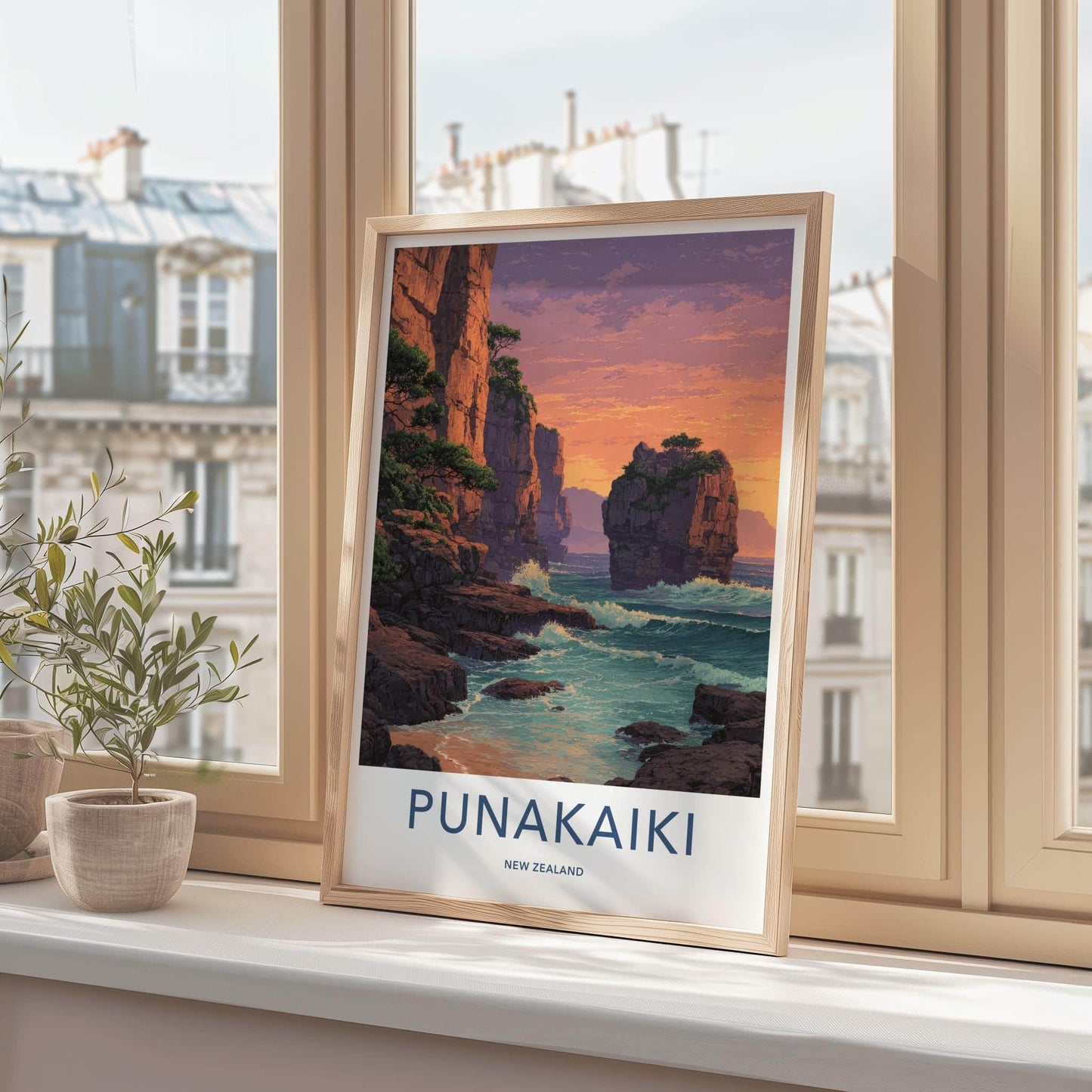 Punakaiki Poster - New Zealand Travel Art - Coastal Cliffs Sunset Home Decor