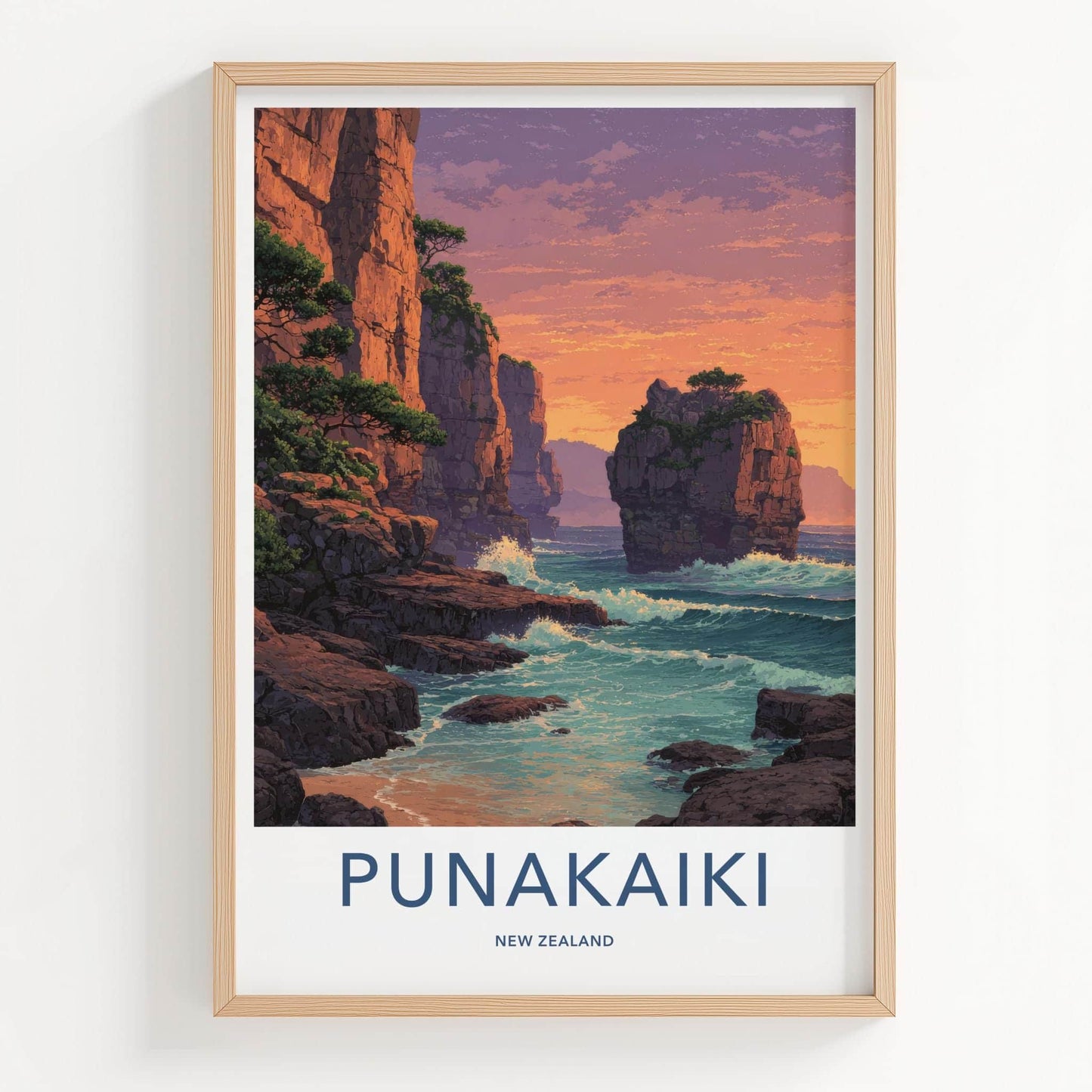 Punakaiki Poster - New Zealand Travel Art - Coastal Cliffs Sunset Home Decor
