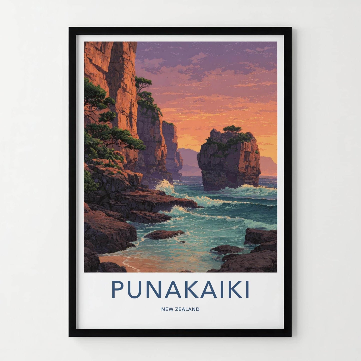 Punakaiki Poster - New Zealand Travel Art - Coastal Cliffs Sunset Home Decor