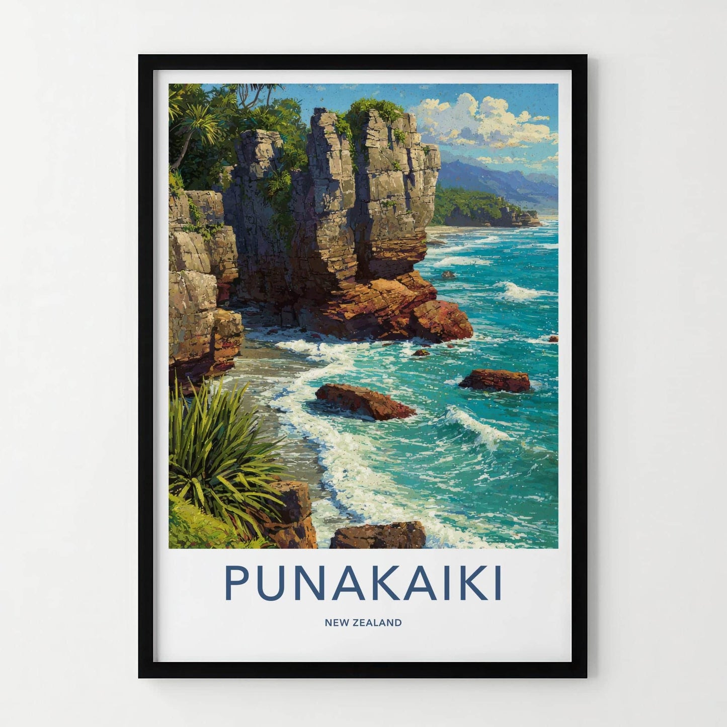 Punakaiki Poster - New Zealand Travel Art - Rugged Coastal Rocks Home Decor