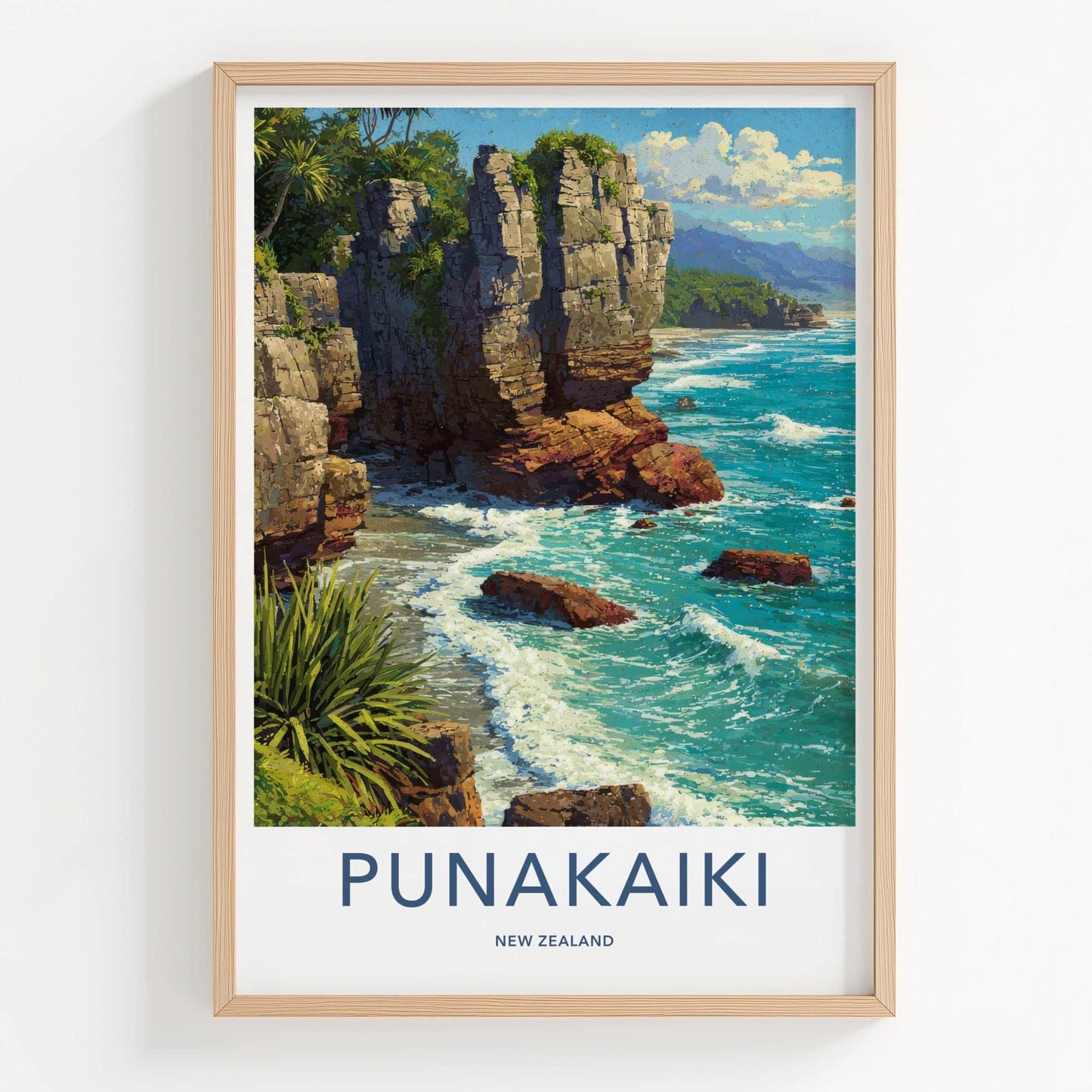 Punakaiki Poster - New Zealand Travel Art - Rugged Coastal Rocks Home Decor