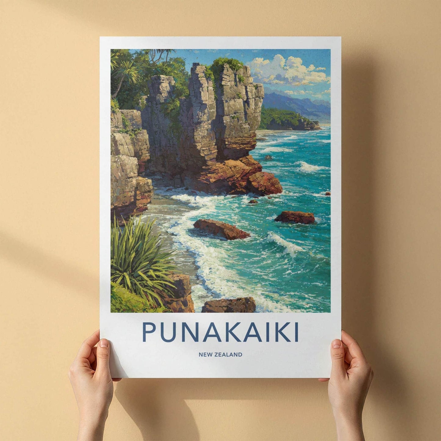 Punakaiki Poster - New Zealand Travel Art - Rugged Coastal Rocks Home Decor