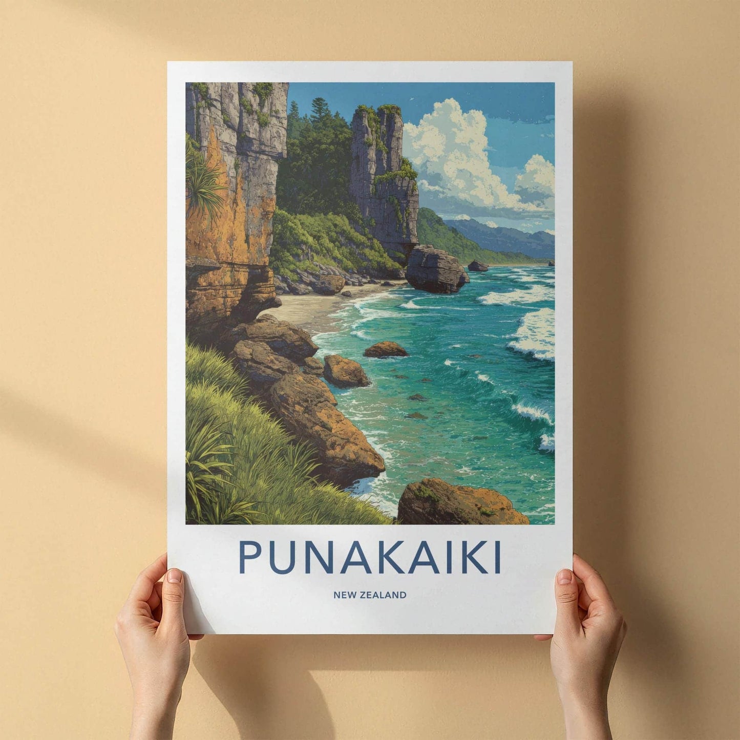Punakaki Poster - New Zealand Travel Art - Coastal Cliffs Beach Wall Decor