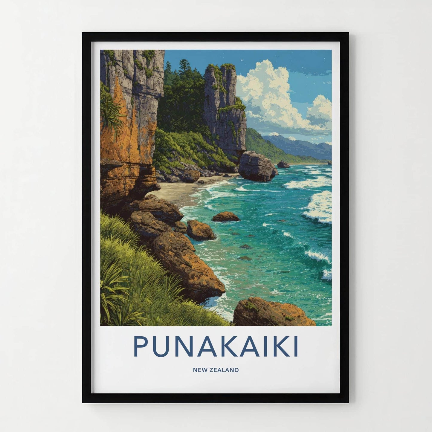 Punakaki Poster - New Zealand Travel Art - Coastal Cliffs Beach Wall Decor