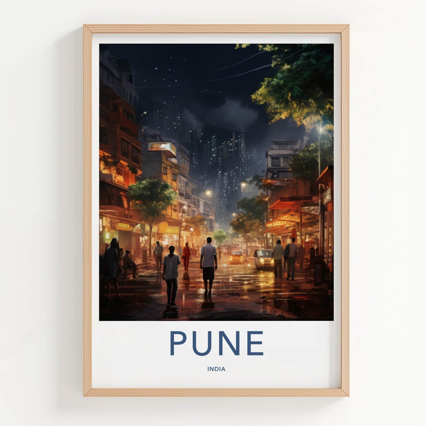 Pune Poster - India Travel Art - Maharashtra Night Street Scene Wall Decor
