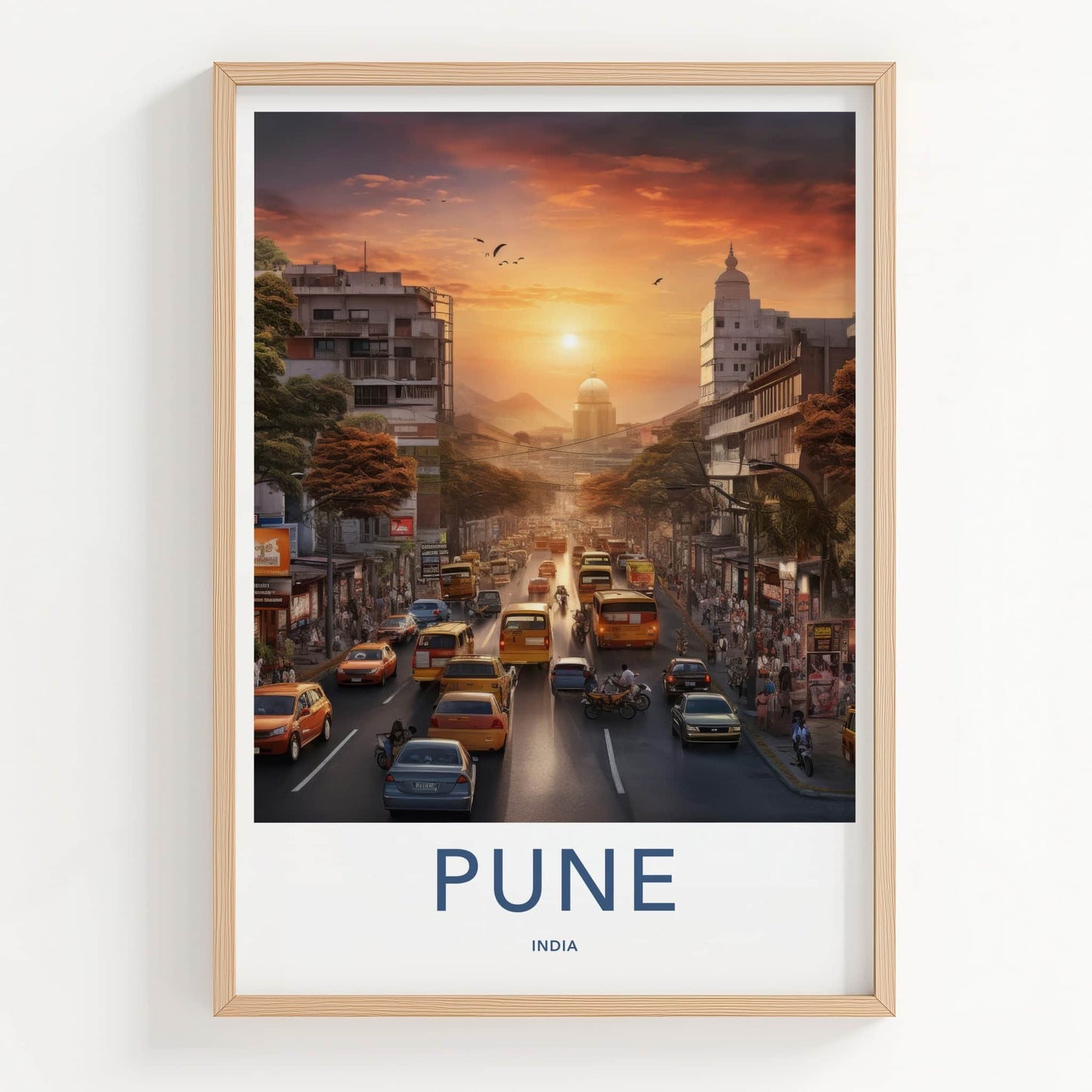 Pune Poster - India Travel Art - Maharashtra Street Sunset Traffic Home Decor