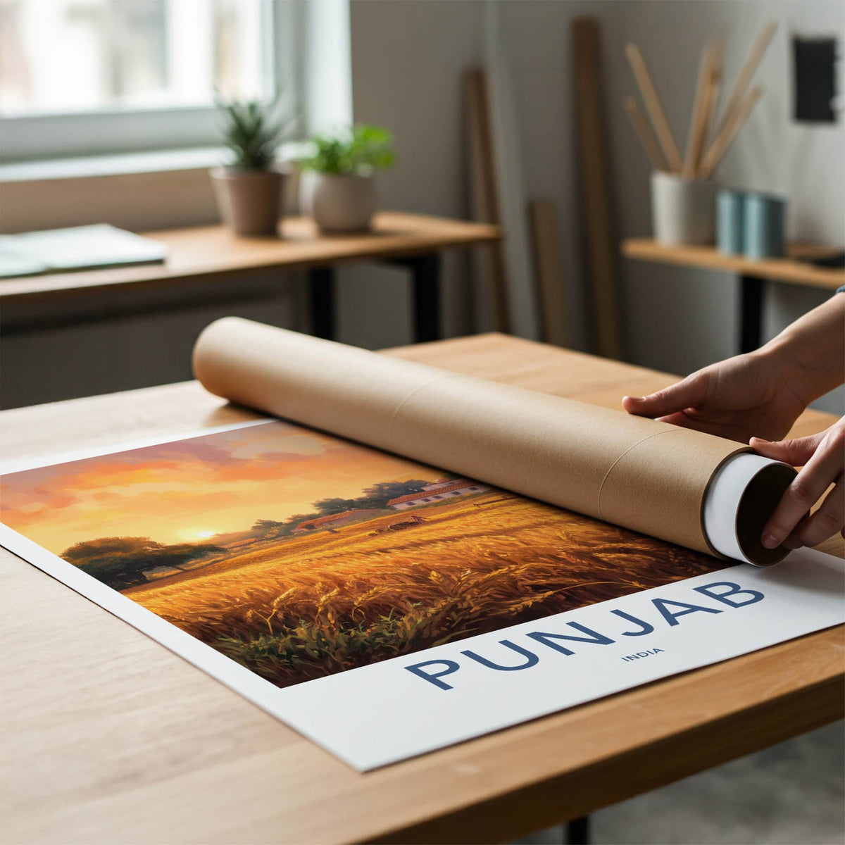 Punjab Poster - India Travel Art - Punjab Golden Field Sunset Home Decor