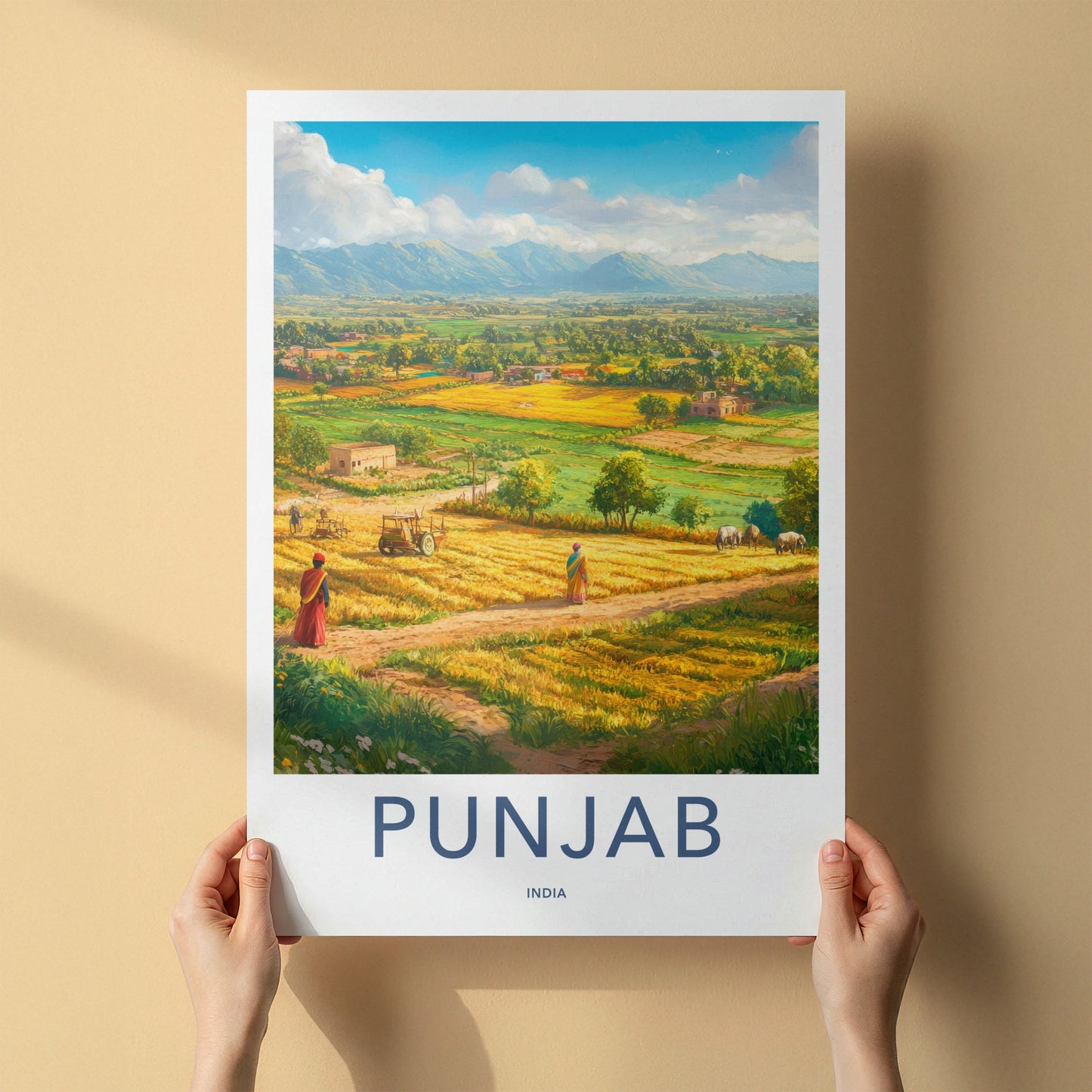 Punjab Poster - India Travel Print - Punjab Yellow Field Village Wall Decor