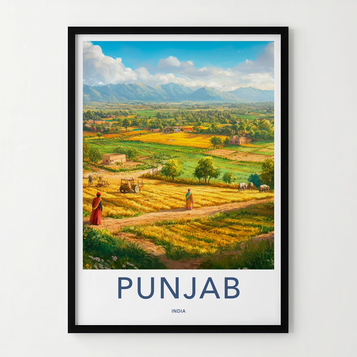 Punjab Poster - India Travel Print - Punjab Yellow Field Village Wall Decor