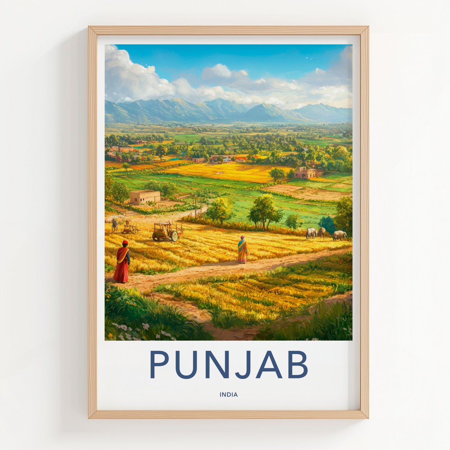 Punjab Poster - India Travel Print - Punjab Yellow Field Village Wall Decor