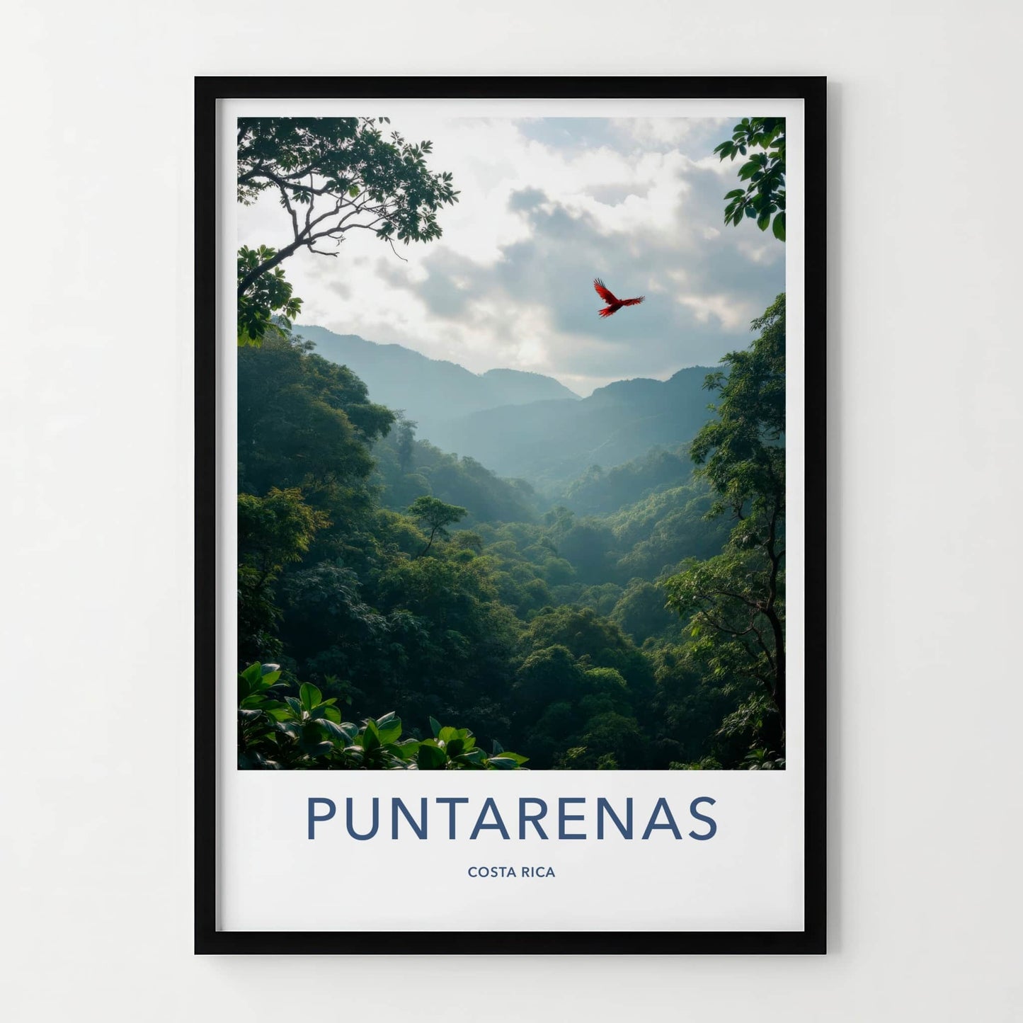 Puntarenas Poster - Costa Rica Travel Art - Flying Red Macaw Home Decor