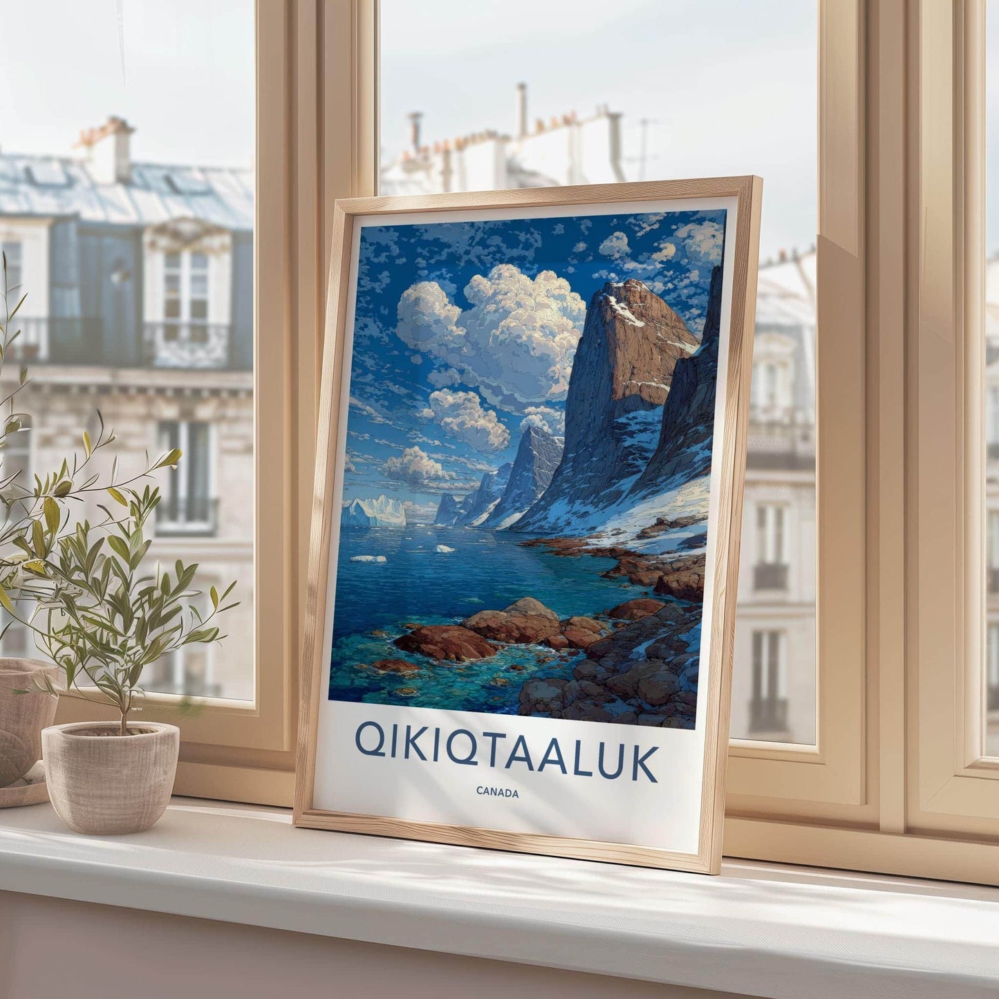 Qikiqtaaluk Poster - Canada Travel Art - Icy Bay Mountains Home Decor