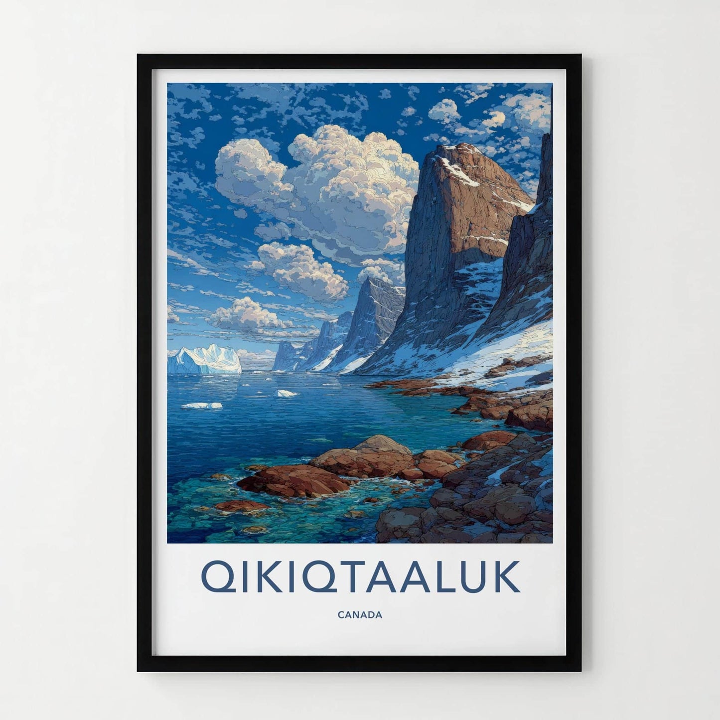 Qikiqtaaluk Poster - Canada Travel Art - Icy Bay Mountains Home Decor