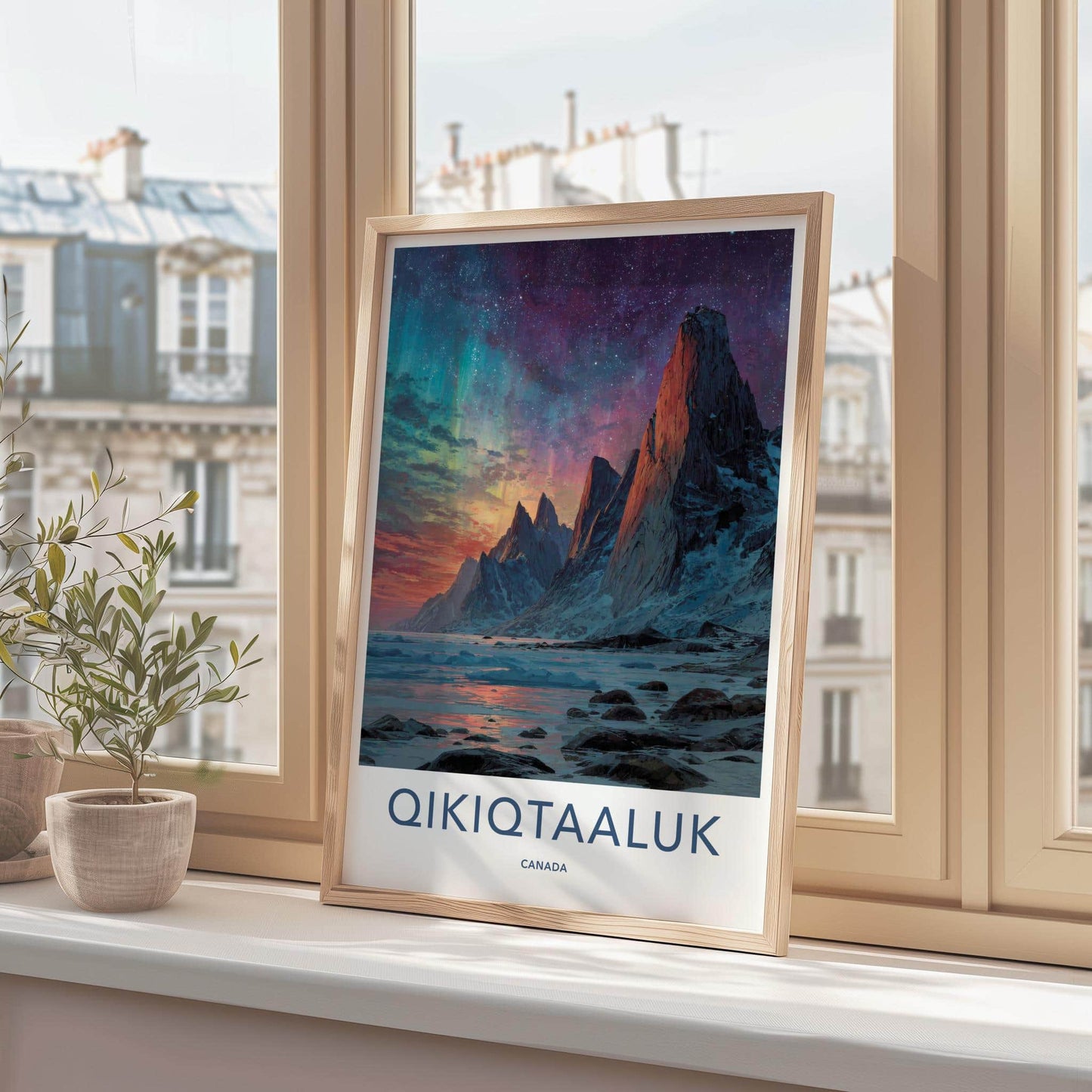 Qikiqtaaluk Poster - Canada Travel Art - Vibrant Aurora Peaks Home Decor