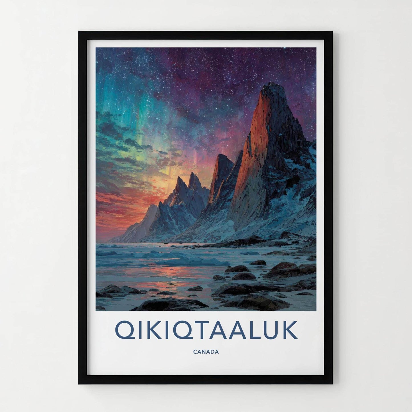 Qikiqtaaluk Poster - Canada Travel Art - Vibrant Aurora Peaks Home Decor