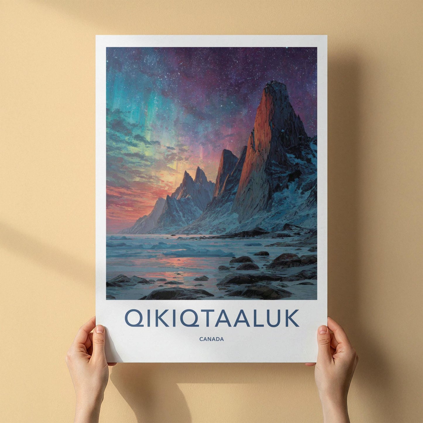 Qikiqtaaluk Poster - Canada Travel Art - Vibrant Aurora Peaks Home Decor