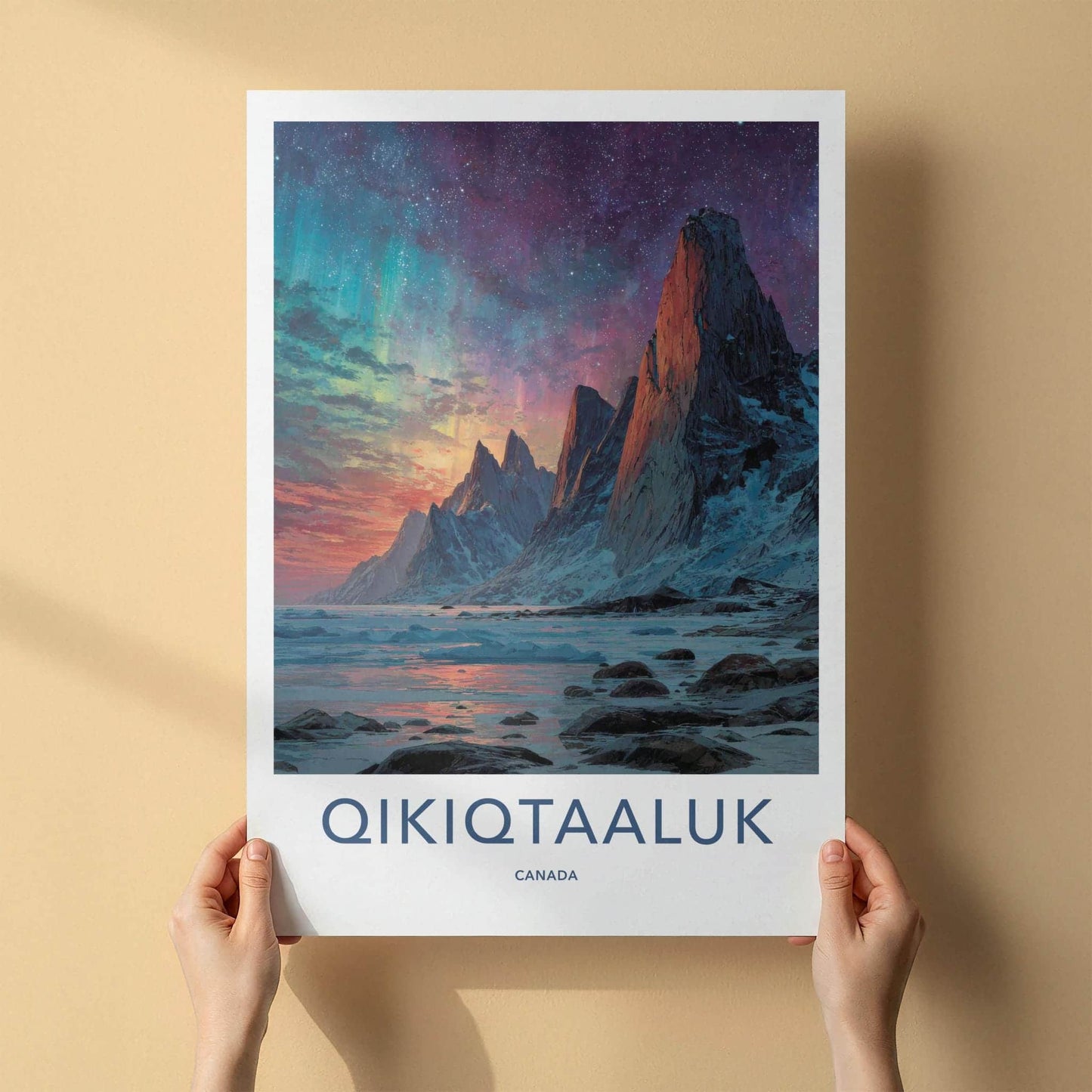 Qikiqtaaluk Poster - Canada Travel Art - Vibrant Aurora Peaks Home Decor