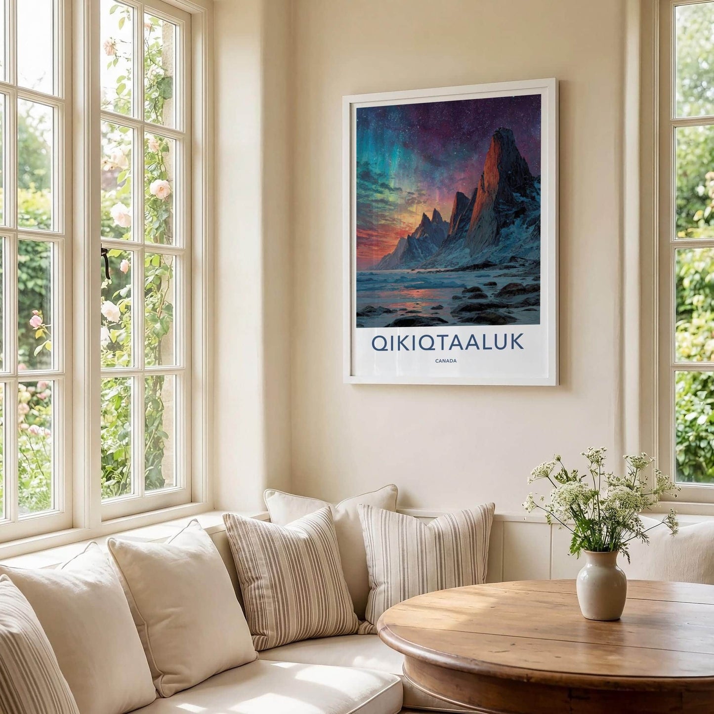 Qikiqtaaluk Poster - Canada Travel Art - Vibrant Aurora Peaks Home Decor