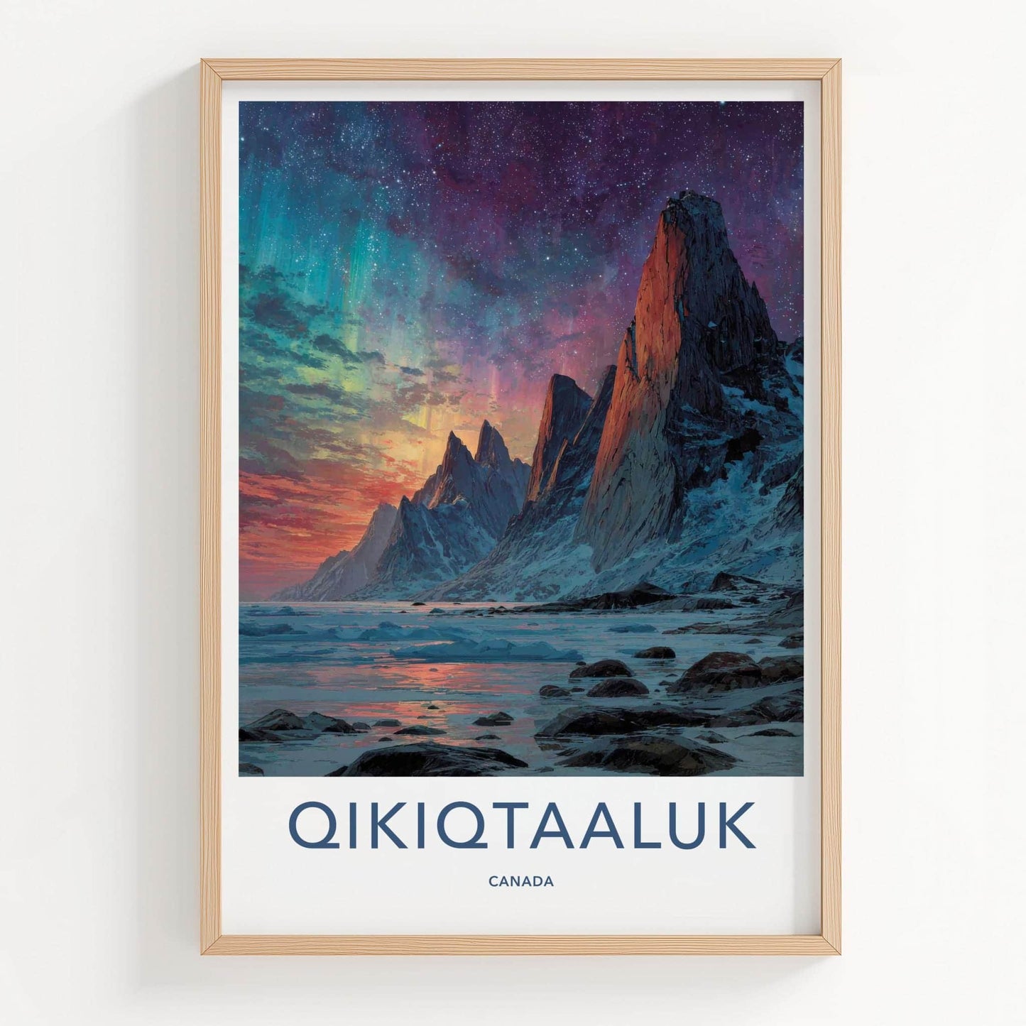 Qikiqtaaluk Poster - Canada Travel Art - Vibrant Aurora Peaks Home Decor