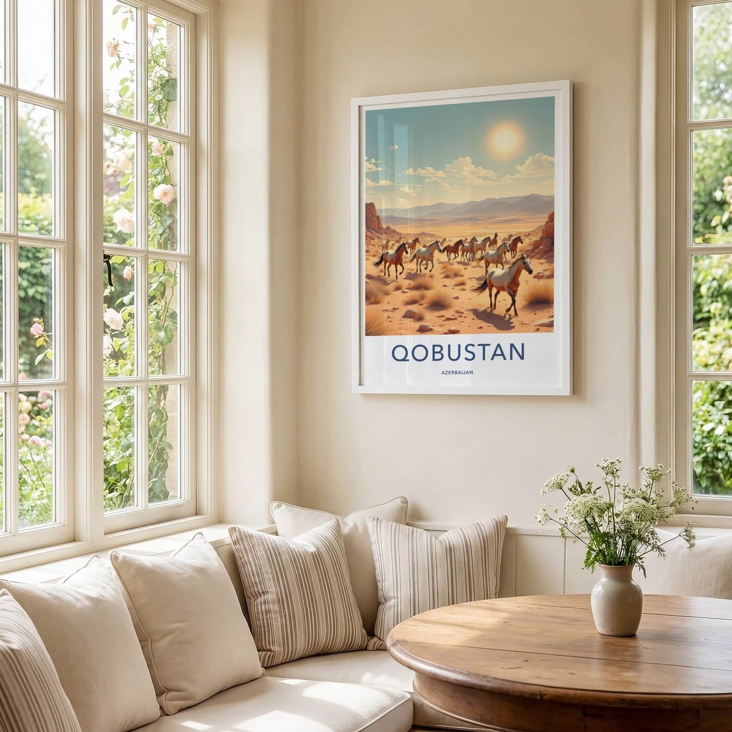QOBUSTAN Poster - AZERBAIJAN Travel Art - Galloping Desert Horses Home Decor