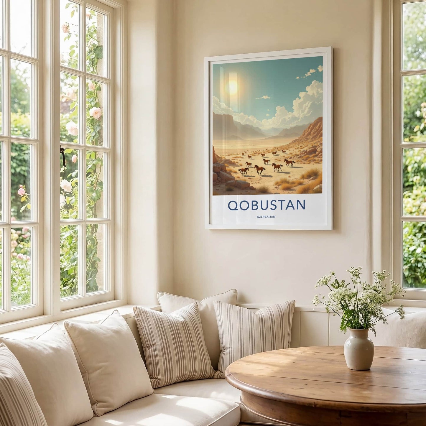 Qobustan Poster - Azerbaijan Travel Art - Sunlit Desert Horses Wall Decor