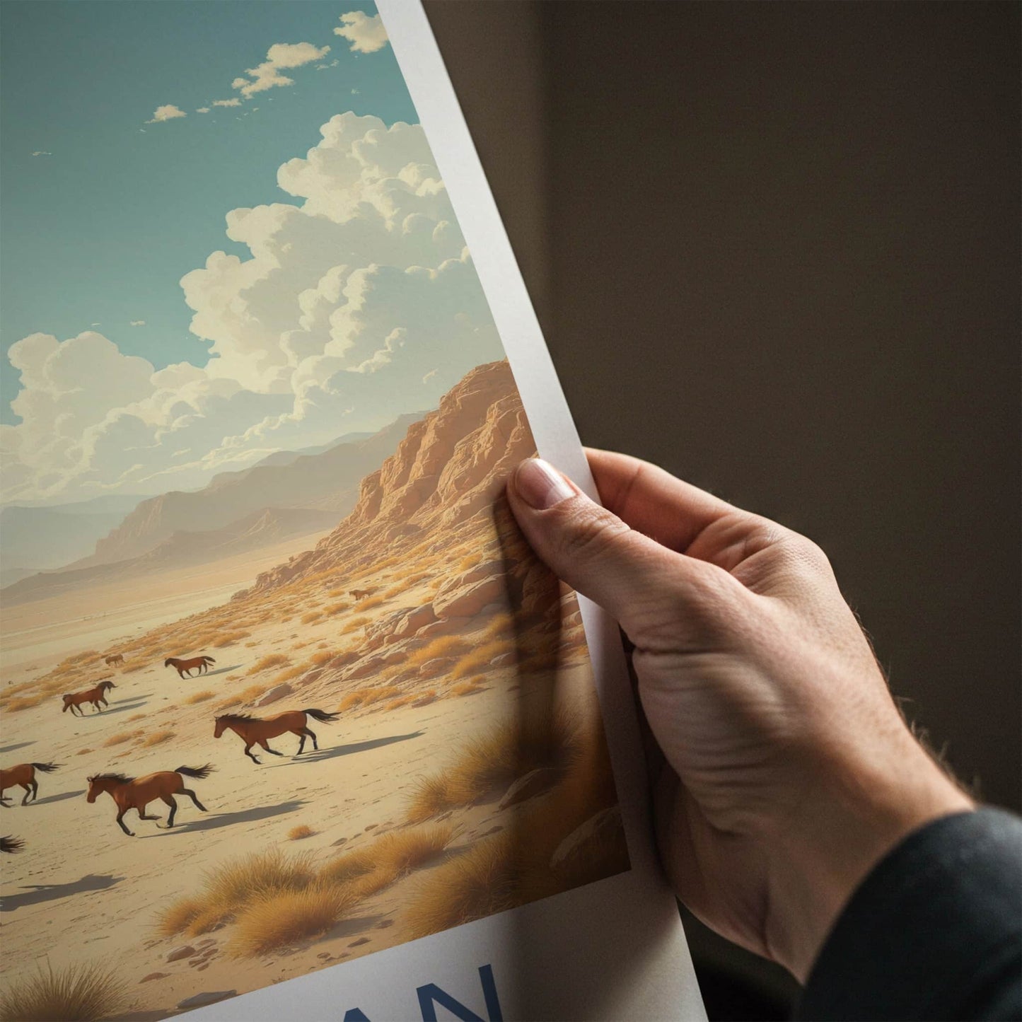 Qobustan Poster - Azerbaijan Travel Art - Sunlit Desert Horses Wall Decor