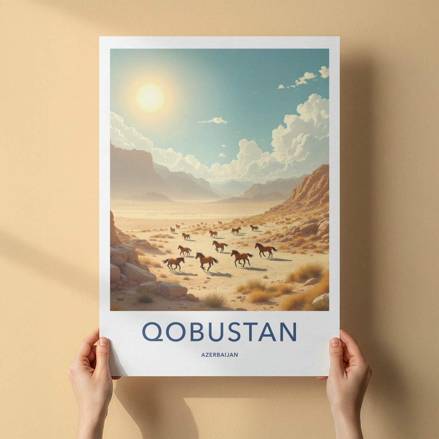 Qobustan Poster - Azerbaijan Travel Art - Sunlit Desert Horses Wall Decor