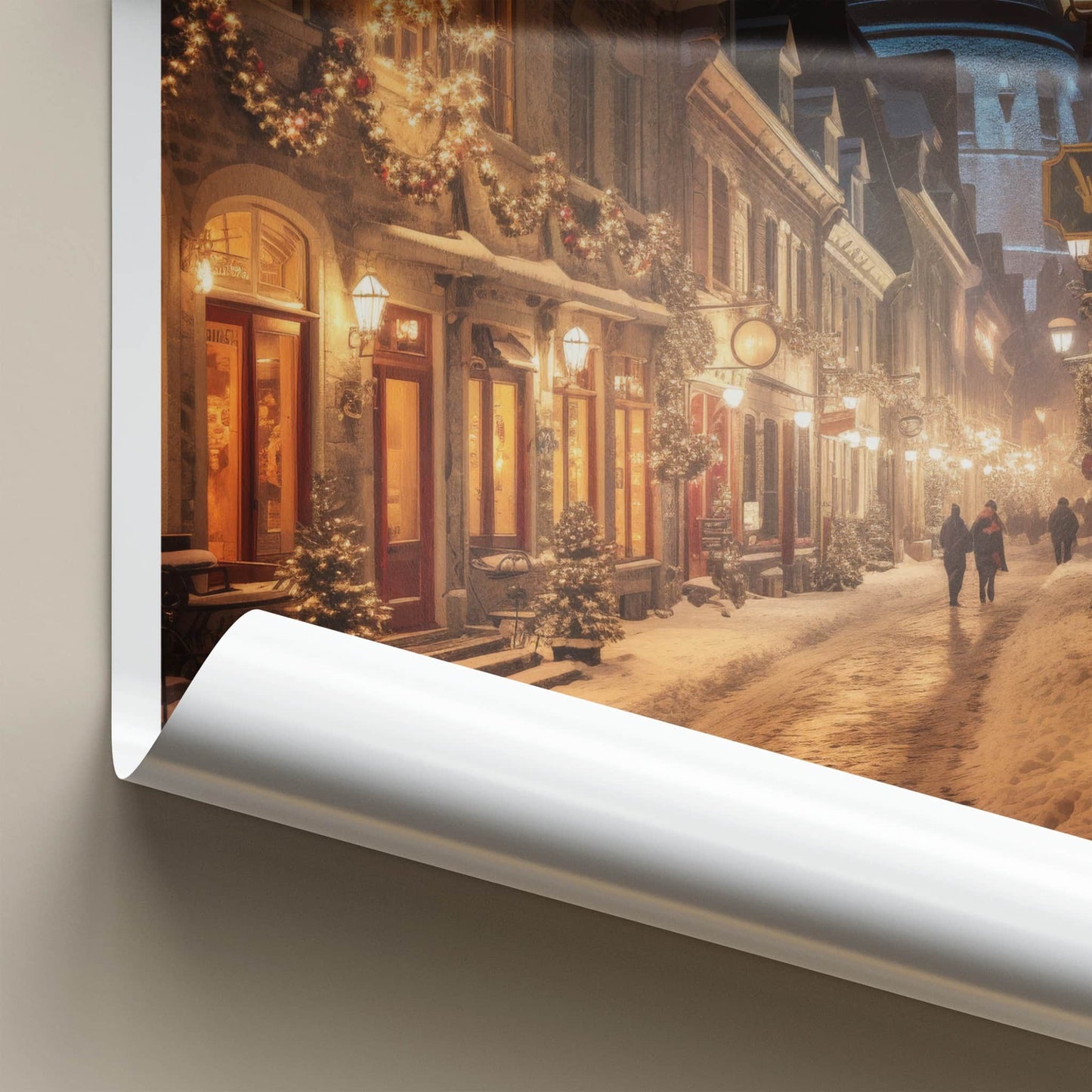 Quebec Poster - Canada Travel Art - Illuminated Winter Street Home Decor