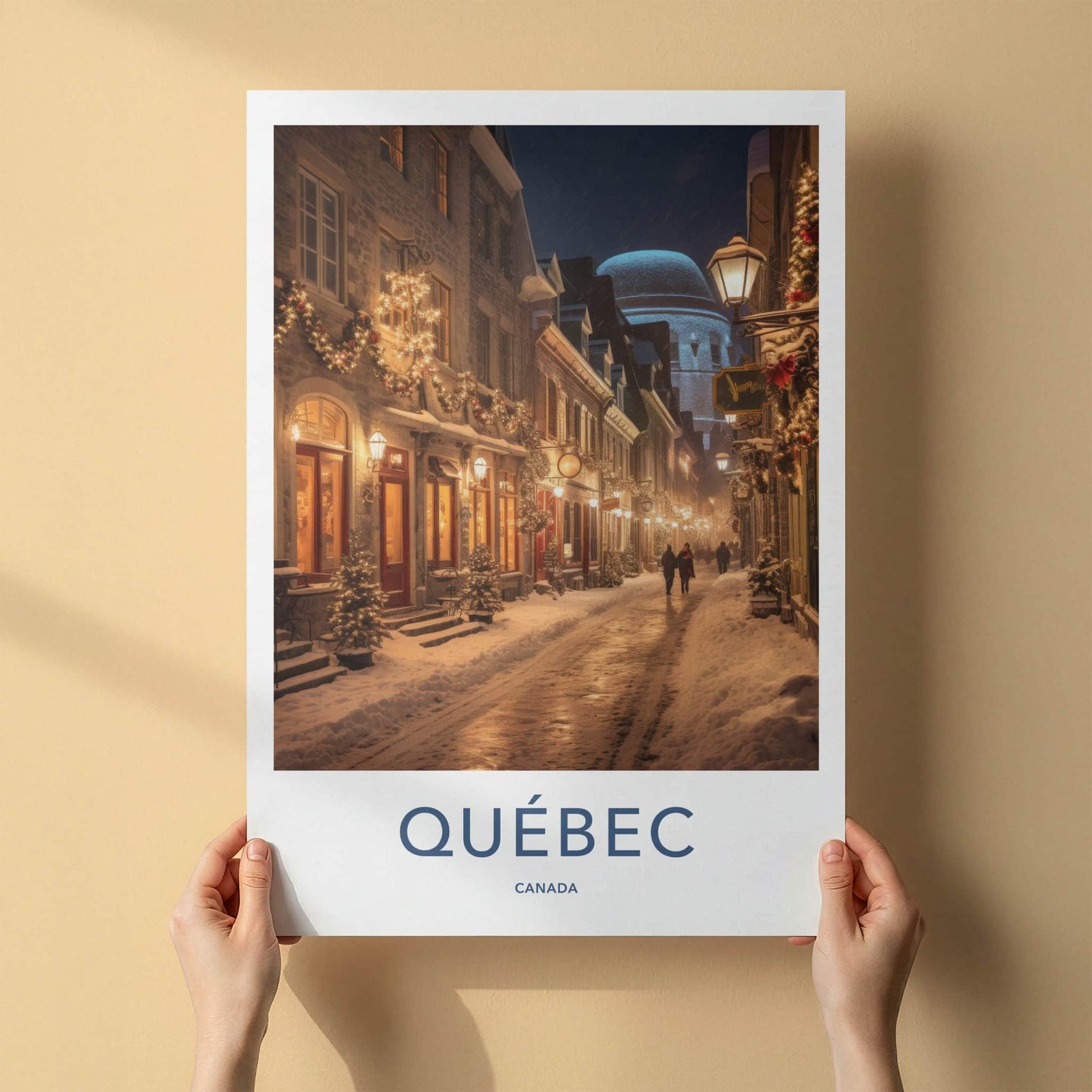Quebec Poster - Canada Travel Art - Illuminated Winter Street Home Decor
