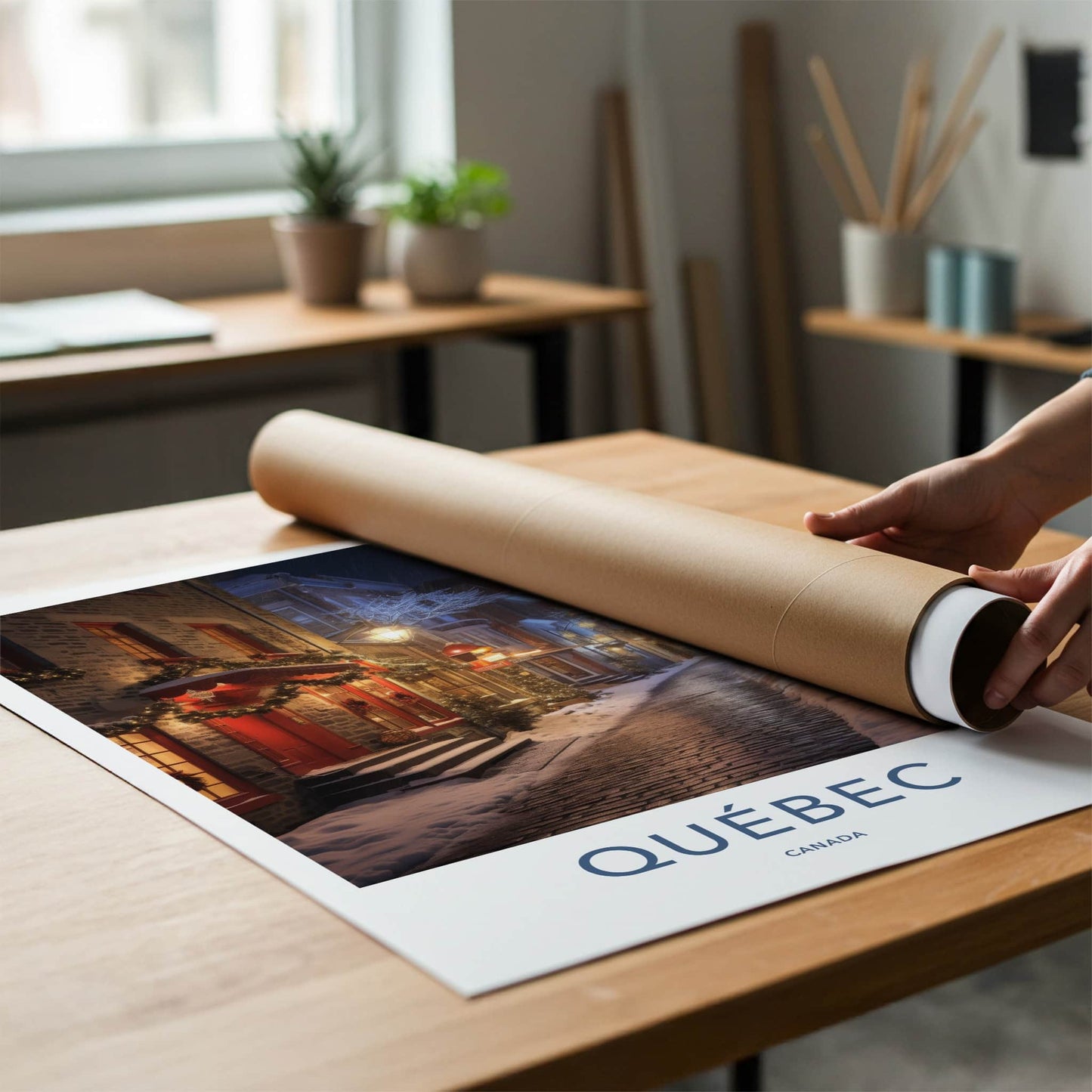 Quebec Poster - Canada Travel Art - Lit Snowy Street Home Decor