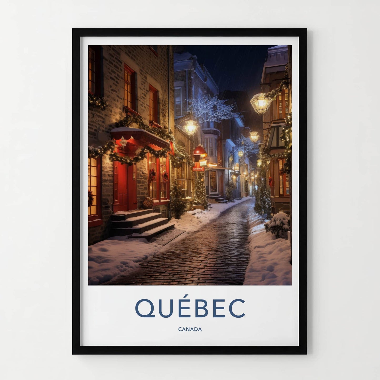 Quebec Poster - Canada Travel Art - Lit Snowy Street Home Decor