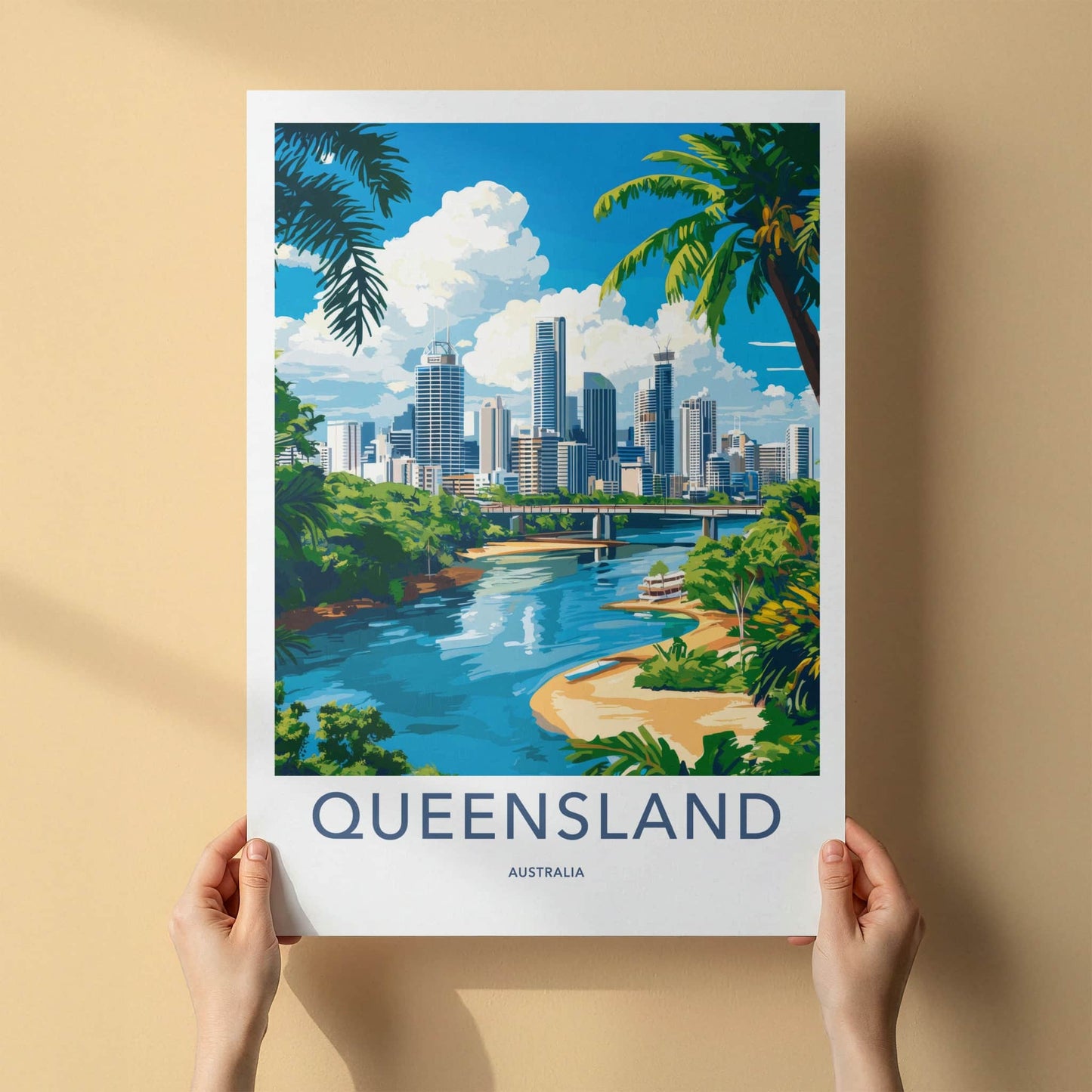 Queensland Poster - Australia Travel Art - City River Palms Home Decor