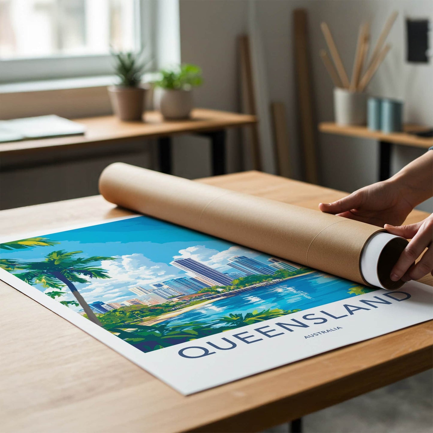 Queensland Poster - Australia Travel Art - Waterfront City Skyline Wall Decor