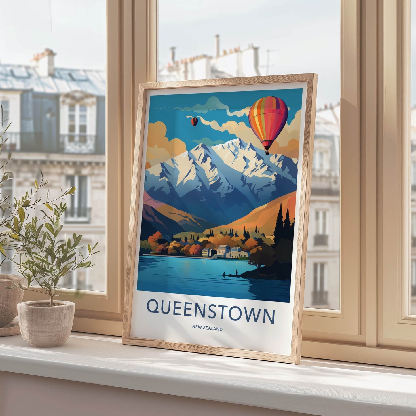 Queenstown Poster - New Zealand Travel Art - Alpine Lake Balloons Home Decor