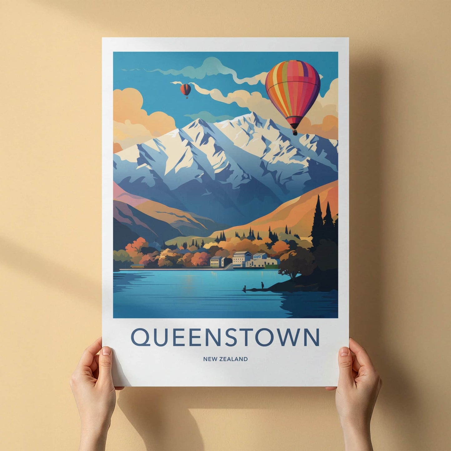Queenstown Poster - New Zealand Travel Art - Alpine Lake Balloons Home Decor