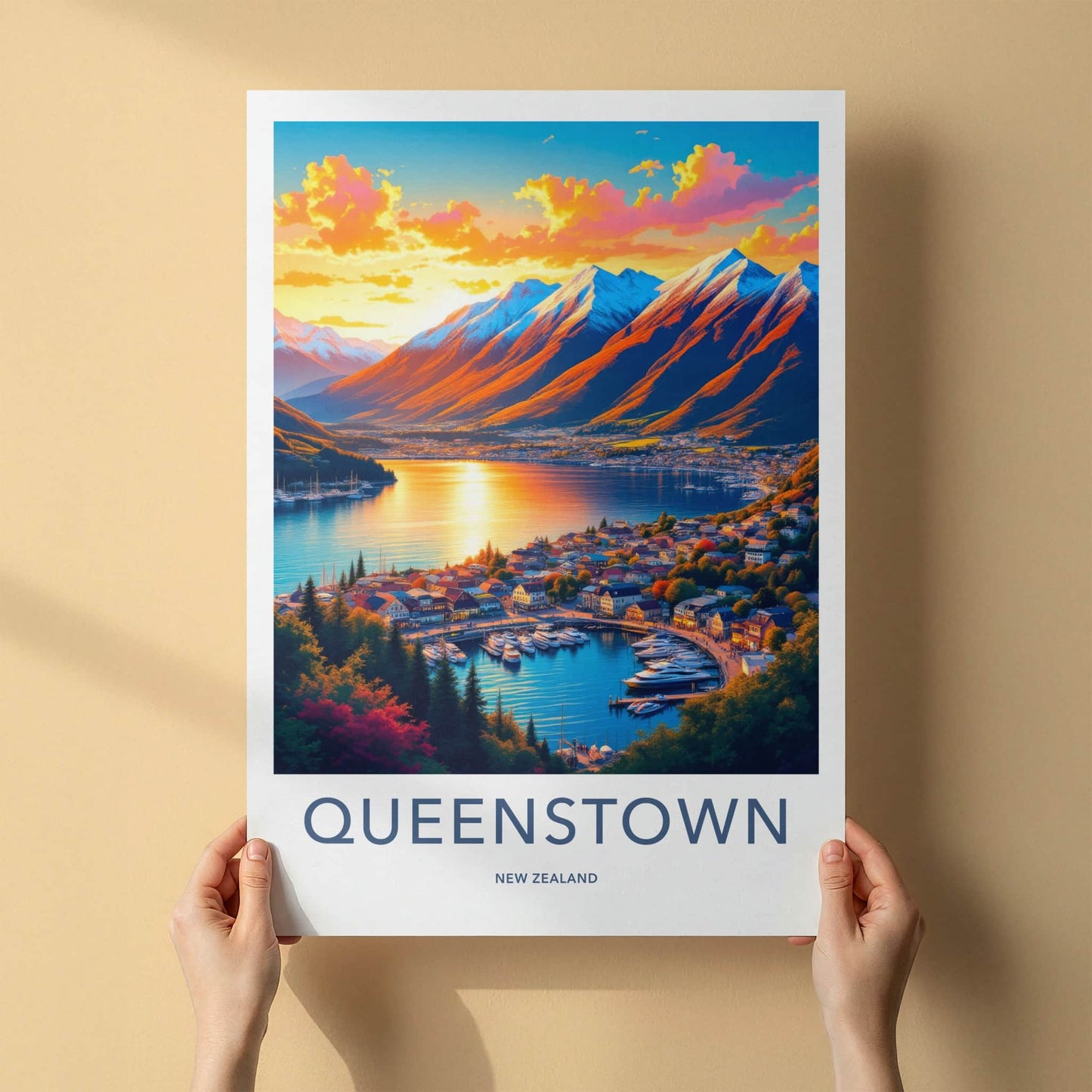 Queenstown Poster - New Zealand Travel Art - Golden Lake Harbor Home Decor