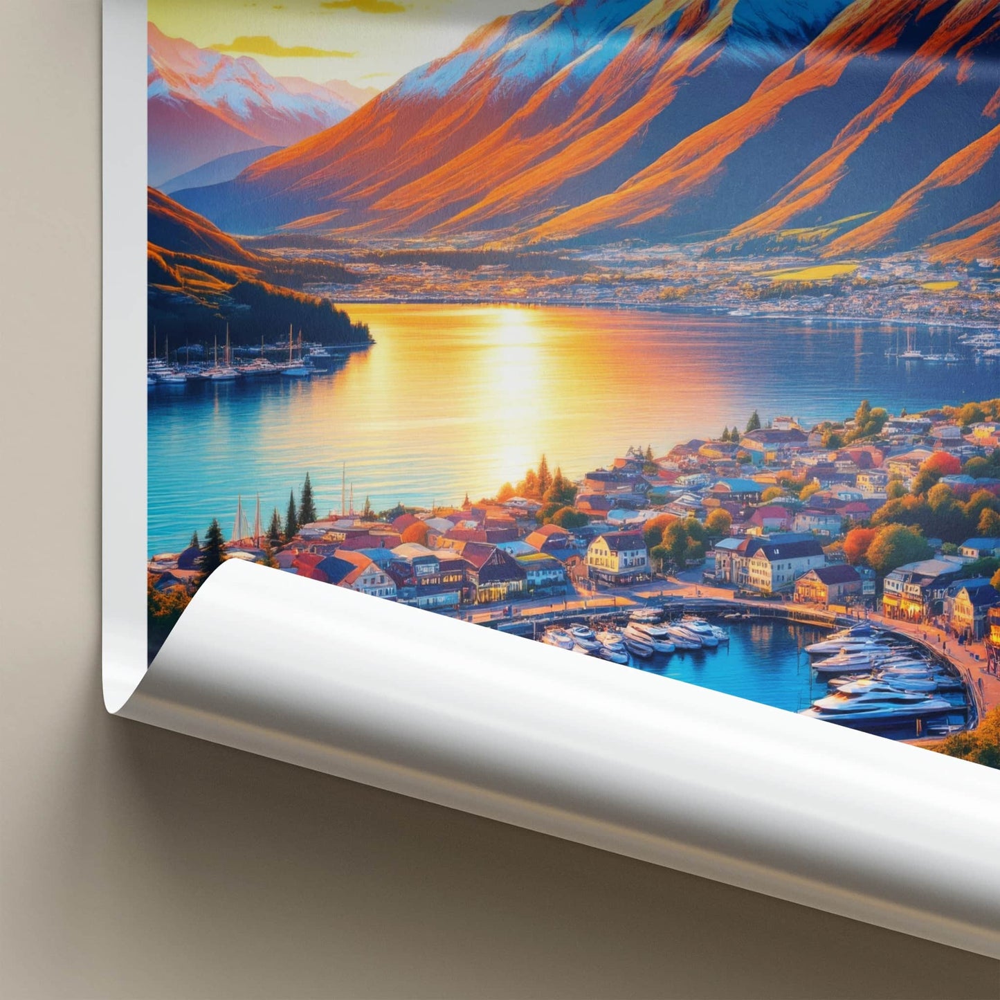 Queenstown Poster - New Zealand Travel Art - Golden Lake Harbor Home Decor